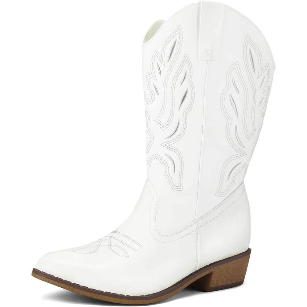 mysoft Women's White Western Cowboy Boots Mid Calf Pointed Toe Cowgirl